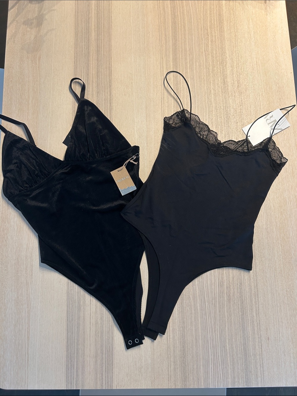 Black Lace Trim Bodysuit - Women